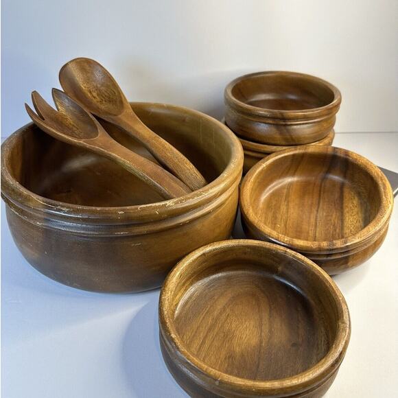Genuine Monkey Pod Handcrafted Wood Made in the Philippines Salad Bowl Set of 7 - Picture 3 of 7